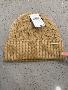 Chunky Cable Knit Beanie in Camel with Gold Logo Plate